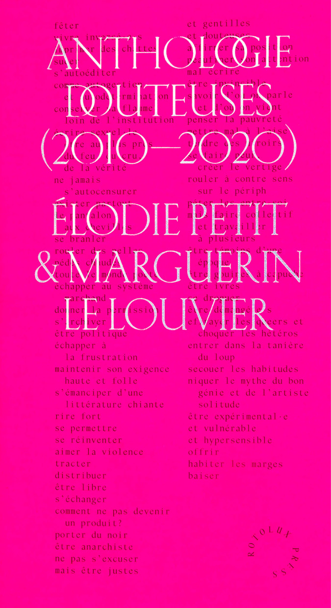 Couverture rose fluo et écriture pailletée du livre Anthologie Douteuses